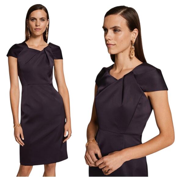 The Fold Finsbury Purple Satin Asymmetric Neck Evening Cocktail Sheath Dress - Picture 2 of 10